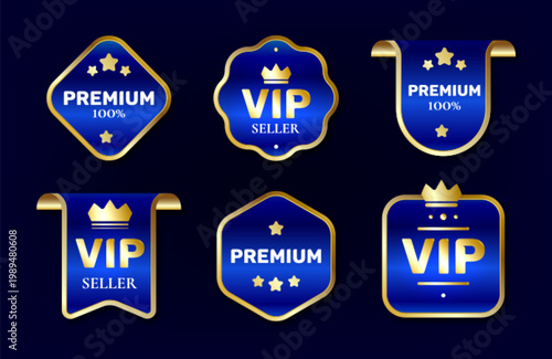 Premium Blue and Gold Badge Overlay Collection Featuring VIP Seller and 100% Premium Labels with Crowns, Stars, and Decorative Borders for Luxury Branding, Exclusive Packaging, and Modern Creative Gra
