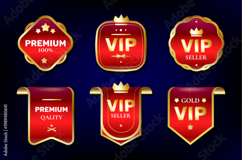 Red and Gold VIP Badge Overlay Collection Featuring Premium Labels with Crowns, Stars, and Glossy Metallic Borders for Luxury Branding, Exclusive Packaging, and Modern Creative Graphics