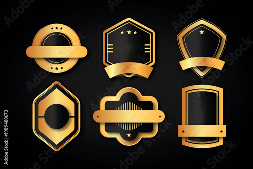 Luxury Gold Badge Overlay Collection Featuring Geometric Emblems with Stars, Ribbons, and Decorative Borders for Premium Awards, Achievements, and Modern Creative Graphics