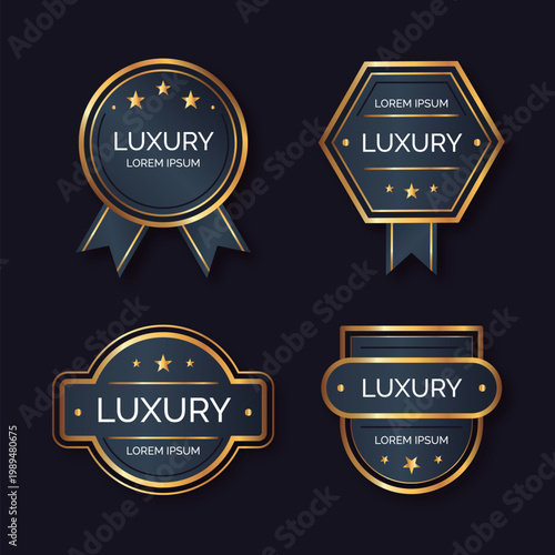 Luxury Gold and Blue Badge Overlay Collection Featuring Circular, Hexagonal, Oval, and Shield Emblems with Stars, Ribbons, and Metallic Borders for Premium Branding, Awards, and Modern Creative Graphi