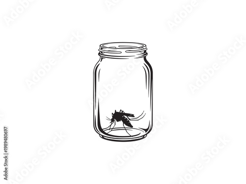 A black and white illustration of a mosquito trapped inside a glass jar.
