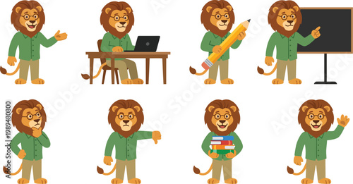 Smart humanized lion character poses with glasses green button-up shirt khaki pants presenting reading teaching for educational mascot branding design