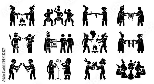 Indigenous people stick figure icons, native american tribal culture and traditions set, ethnic community ceremony and ritual vector illustrations