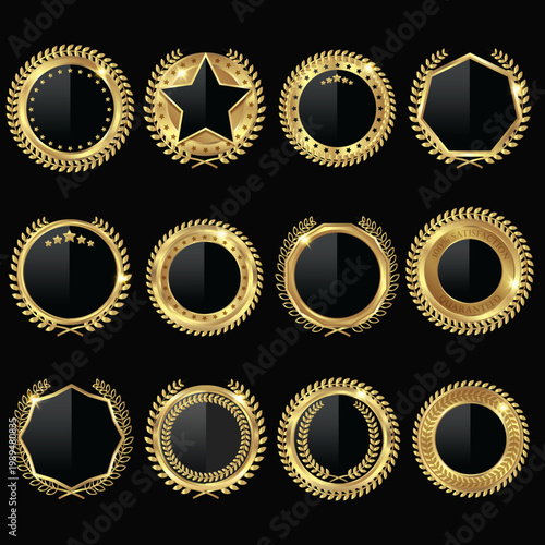 Luxury Gold Laurel Wreath Emblem Overlay Collection Featuring Circular, Star, and Polygonal Frames with Decorative Leaves, Stars, and Premium Seals for Certificates, Achievements, Branding, and Modern