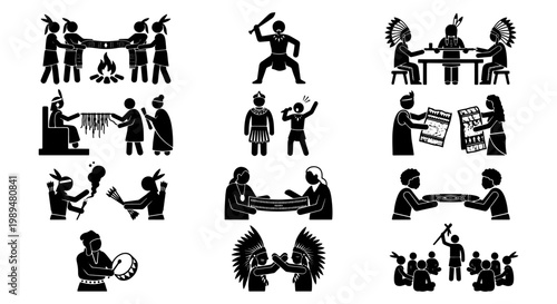 Indigenous American tribal life icons, native people culture and tradition vector set, ethnic community ceremony and ritual stick figures