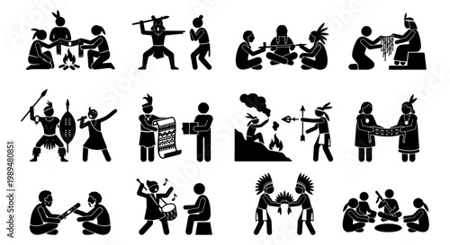 Indigenous people culture and tribal life icons, native american ethnic tradition stick figures, set of 12 black vector silhouettes for history education