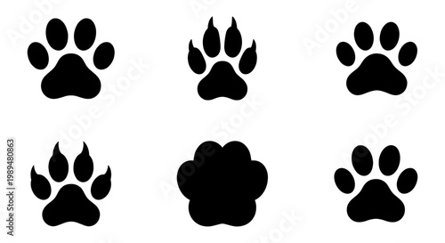 Animal paw print vector icons set, black pet footprint silhouettes, 6 wild animal and domestic cat dog track elements for logo design