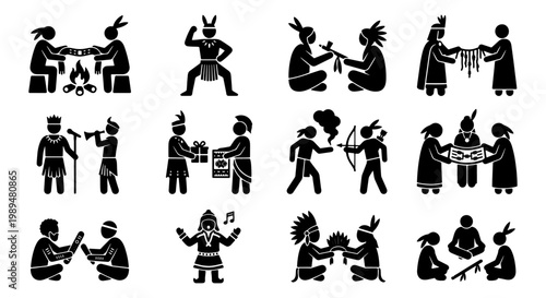 Indigenous people stick figure icons, native american tribal culture vector set, ancient ethnic community traditions and ritual silhouette symbols