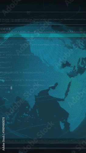 Vertical video: Zooming out, teal globe rotating, revealing locks and scrolling code, cybersecurity