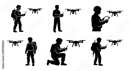 Military drone operator silhouettes, soldier pilot controlling quadcopter UAV vector set, army surveillance and reconnaissance technology icons