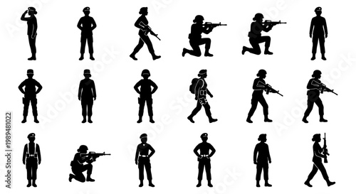 Military soldier silhouettes set, 18 army infantry vector icons, armed forces personnel in combat poses, black tactical warrior figures for war games