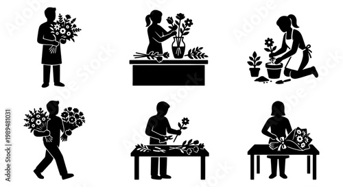 Florist silhouette icon set, professional flower shop workers arranging bouquets, gardening and floral business vector collection, people working with plants