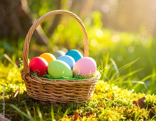 Colorful Easter Eggs In Wicker Basket On Green Mossy Ground In Sunny Garden With Soft Bokeh Background And Warm Spring Light
