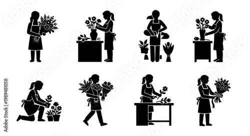 Florist silhouette icons set, female flower shop workers arranging bouquets, professional floristry business vector elements for gardening and retail