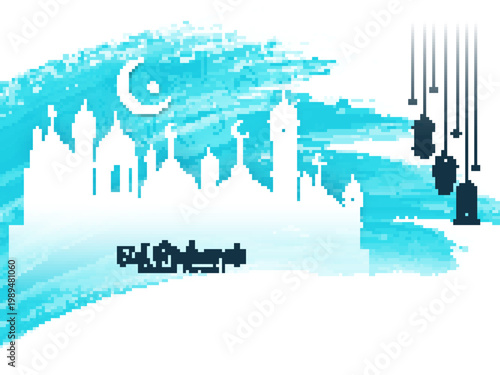 Eid Mubarak Islamic Festival Overlay Collection Featuring Mosque Silhouettes, Crescent Moons, Stars, and Hanging Lanterns on Blue Brushstroke Background for Festive Holiday Greetings, Spiritual Design
