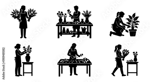 Florist silhouette set with 6 vector icons, professional flower shop workers arranging bouquets, gardening and floral design business graphics
