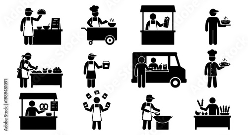 Street food vendor icons set, black silhouette stick figures of chefs and market stalls, 12 vector illustrations of food truck and mobile catering service