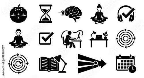 Productivity and time management icon set, 14 black vector symbols for work efficiency, pomodoro technique and focus concept elements for business planning