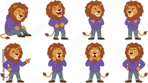 Expressive humanized lion character poses with purple hoodie gray jeans showing emotions sad laughing bored surprised for emotional mascot branding design