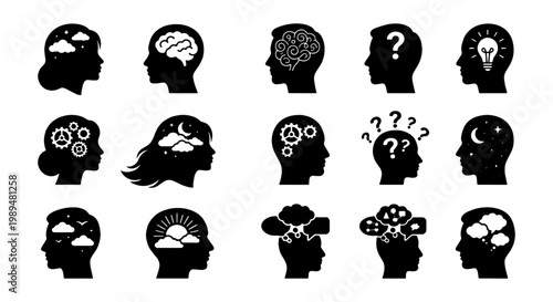 Mental health icons set, human head silhouettes with brain and psychology symbols, 15 black vector profile illustrations for neurology and psychiatry