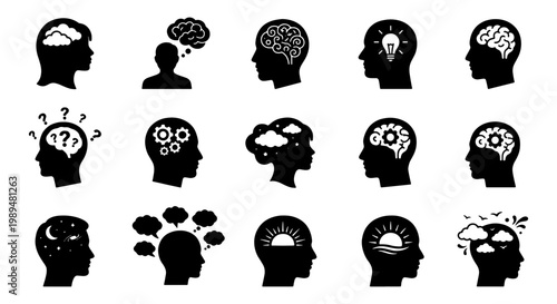 Mental health icons set, human head silhouette with brain and thought symbols, 15 psychology vector elements for therapy and neurology