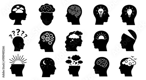 Mental health icons set, human head profile silhouettes with brain and psychology symbols, 15 black vector elements for therapy and neurology