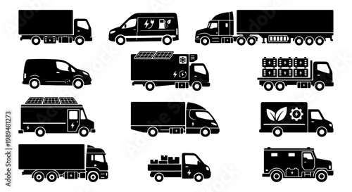 Commercial transport vehicle icons, logistics delivery truck silhouettes, 12 black vector symbols for freight shipping and cargo distribution services