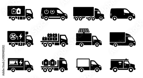 Logistics delivery truck icons set, 12 black vector silhouettes of commercial transport vehicles, electric freight vans and cargo shipping trucks