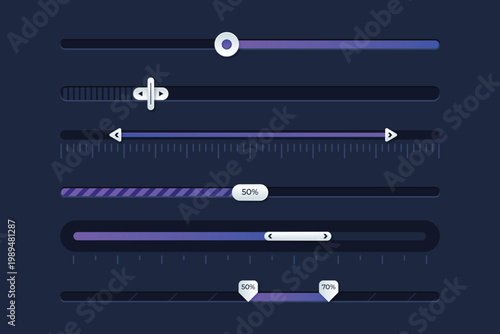 UI Slider Overlay Collection Featuring Circular, Triangular, and Rectangular Handles with Gradient and Striped Progress Bars for Dashboards, Media Players, Interactive Controls, and Modern Creative Gr