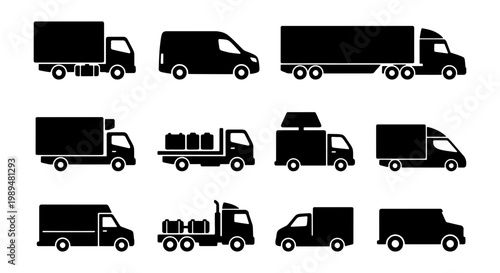 Commercial truck icons set, delivery vehicle silhouettes for logistics and shipping, 11 black transport vector symbols for freight industry