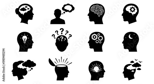Mental health icons set, human head profile silhouettes with brain symbols, psychology and neurology vector concepts for medical infographics