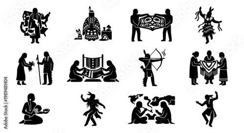 Indigenous American cultural icons set, 12 black vector silhouettes of tribal life and traditions, native people dancing and hunting graphics