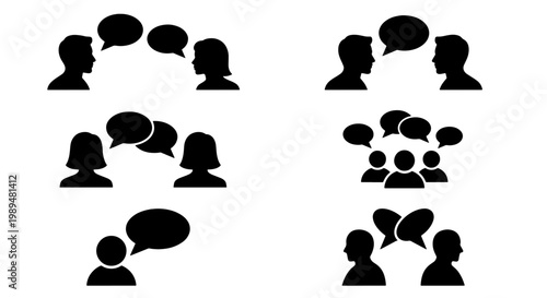 Communication icons set with people silhouettes and speech bubbles, conversation and dialogue vector symbols, social interaction and group discussion graphics
