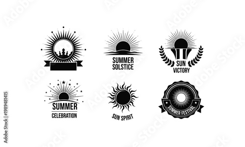 Summer solstice sun emblems with text and decorative elements vector illustration.