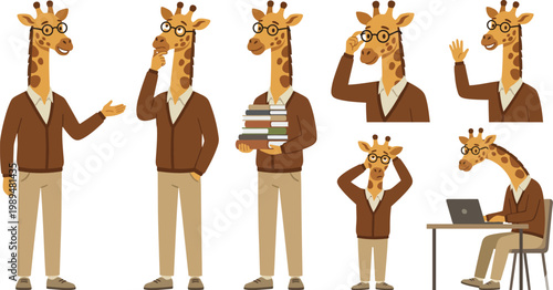 Smart humanized giraffe character poses with brown cardigan khaki pants glasses presenting thinking reading for educational professional mascot branding design