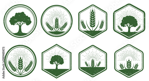 Vintage Organic Agriculture Stamp Collection, Green Rubber Seal Design for Farm Products, Minimalist Wheat and Tree Logo Set with Grunge Texture for Eco Branding