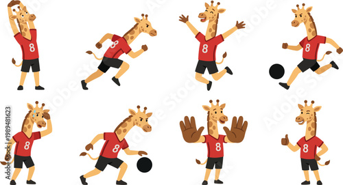 Sporty humanized giraffe character poses with red athletic jersey black shorts stretching sprinting kicking basketball for athletic mascot branding design