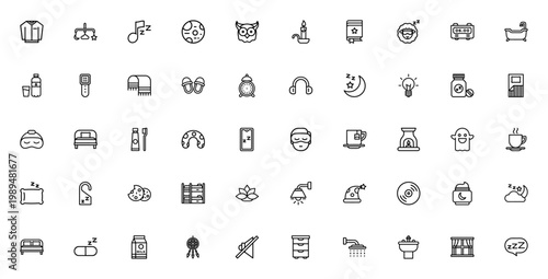 Sleeping icon set. Minimal linear vector icons pack. Features symbols for bed, alarm clock, clothes, child asleep, animals, bath, book, candle and more. Editable stroke.