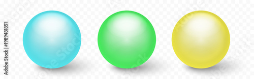 Realistic Glowing Green Blue Yellow Spheres with Shadow. 3D Orb Mockup Template Isolated on Transparent Background Vector Illustration