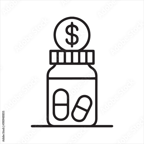 Medical pills in a bottle with a dollar coin on top symbolizing healthcare costs