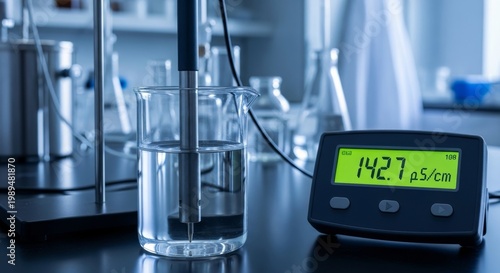 Laboratory probe submerged in liquid for conductivity measurement