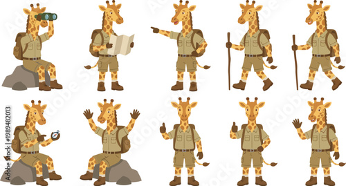 Adventure humanized giraffe character poses with khaki explorer vest shorts backpack binoculars hiking for outdoor travel mascot branding design