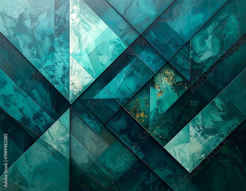 Abstract geometric artwork featuring teal, aqua, and emerald tones. Various-sized diagonal and square tiles create a textured effect