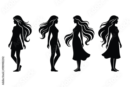 Four black silhouettes of women with long hair