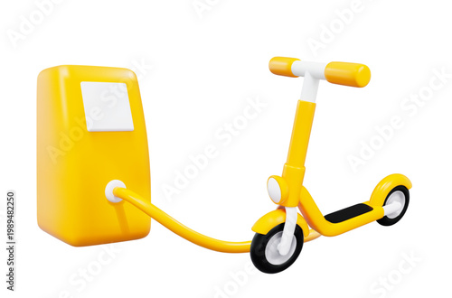 3d yellow electric kick scooter with an outdoor charging device. Gradient mesh. Stock vector illustration on isolated background.