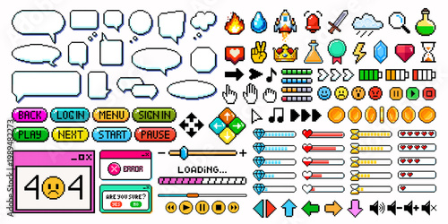 Pixel 8 bit video game element, comic speech bubble, dialogue box, frame, menu, navigation button, arrow, fire and gaming controller icon for cyberspace business. Retro computer or mobile game arcade.