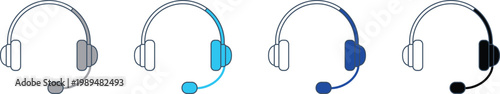 Blue outline headset icon with microphone centered on a white background with a smaller headset icon inside call center operator headset