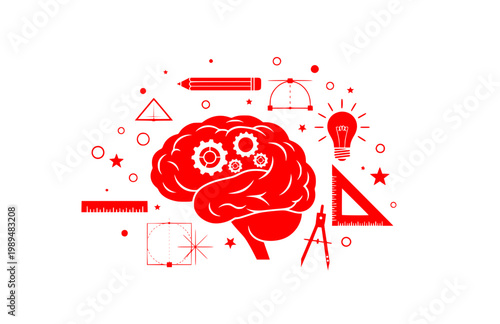 Creative Process and Idea Generation Flat Design Illustration. Black Vector Silhouette of Brain, Gears and Design Tools for Innovation.
