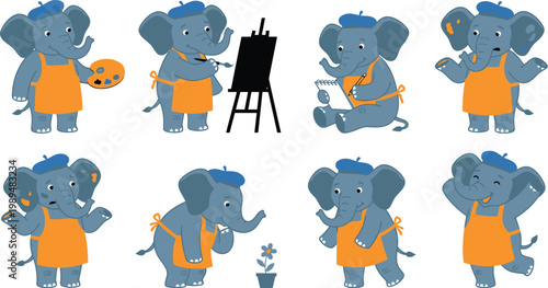 Creative humanized elephant character poses with blue beret orange apron painting sketching dancing for artistic designer mascot branding design