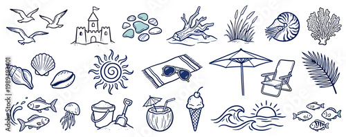 Hand Drawn Beach Doodles Vector Set, Naive Art Style Summer Vacation Elements for Scrapbooking, Stickers, and Journaling